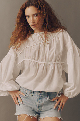 a.ren Tropez Shirred Linen Cotton Puff-Sleeve Blouse | Anthropologie (US)