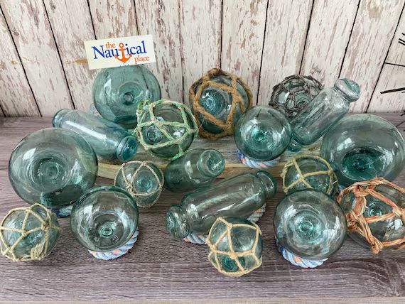 2.5" - 4" Japanese Glass Fishing Floats - Old Vintage Antique Japan Netted Net Buoy Ball - Aqua, ... | Etsy (US)