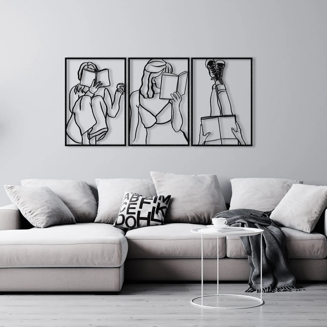 Set of 3 Girl Reading a Book Metal Wall Decor Minimal - Etsy | Etsy (US)