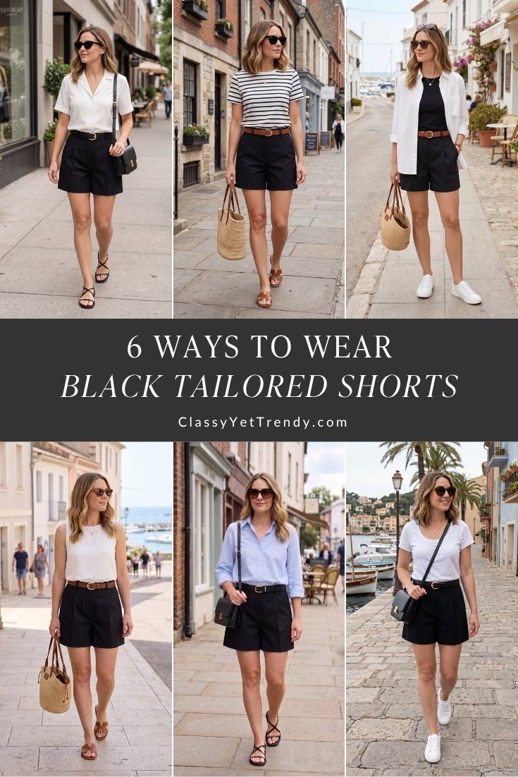 6 ways to wear black tailored shorts ✔️ All clothes, shoes and accessories are in Simplified Style: French Wardrobe Staples year-round capsule wardrobe.

Tee, tank, shirt, sandals, straw bag, crossbody bag, spring, summer
#outfitideas #outfitinspo #summeroutfits #summerstyle