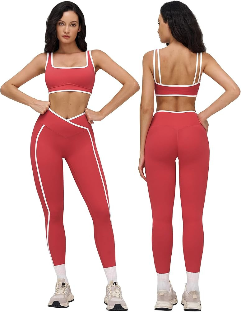 Color Block Workout Sets for Women 2 Piece Gym Yoga Sports Bra Matching High Waist Crossover Legg... | Amazon (US)