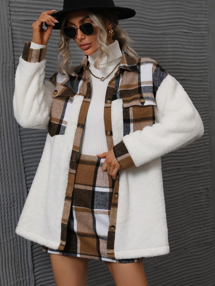 Plaid Flap Pocket Drop Shoulder Teddy Coat & Skirt | SHEIN