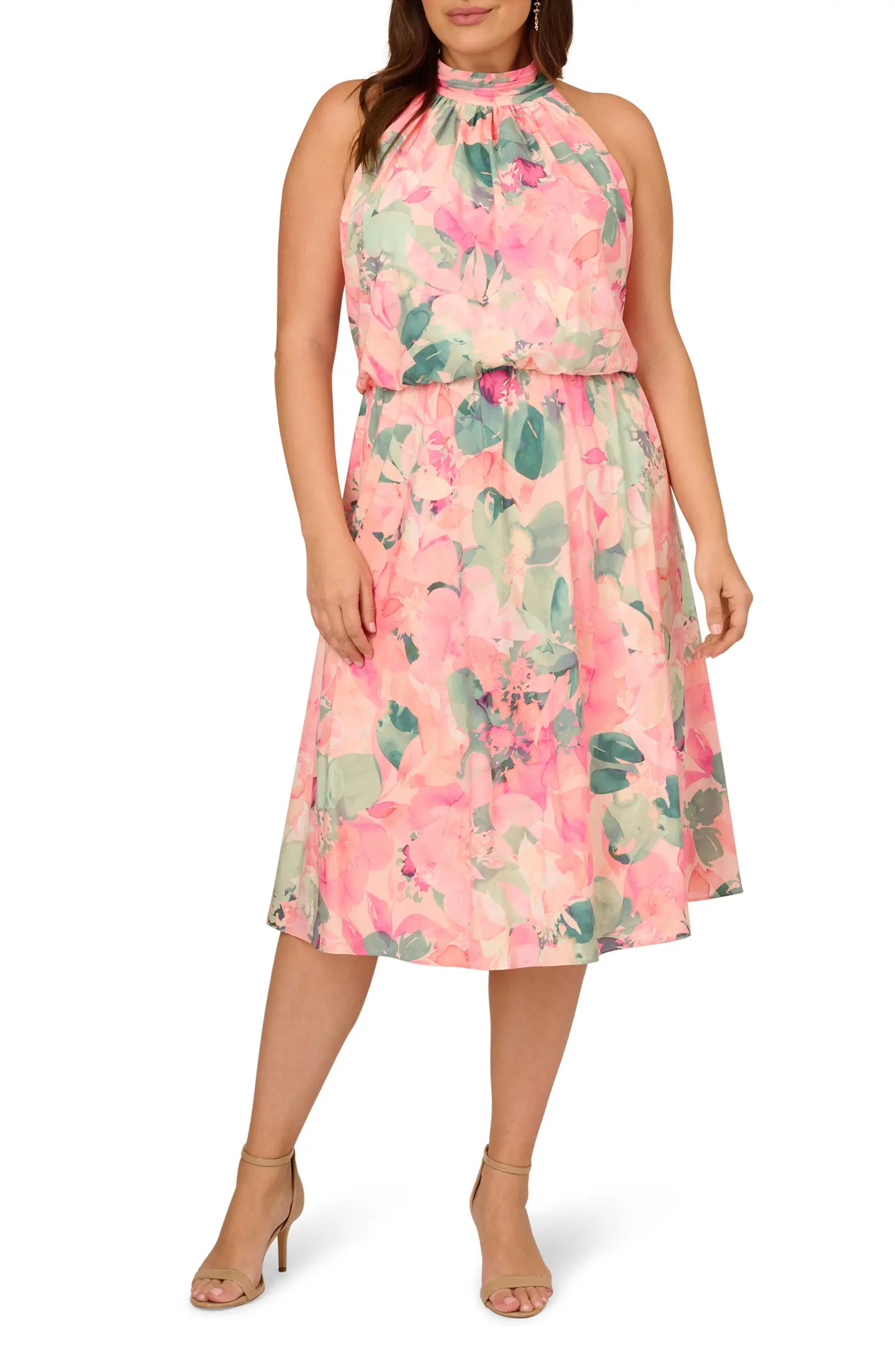 Adrianna Papell Floral Mock Neck Chiffon Cocktail Midi Dress | Nordstrom | Nordstrom