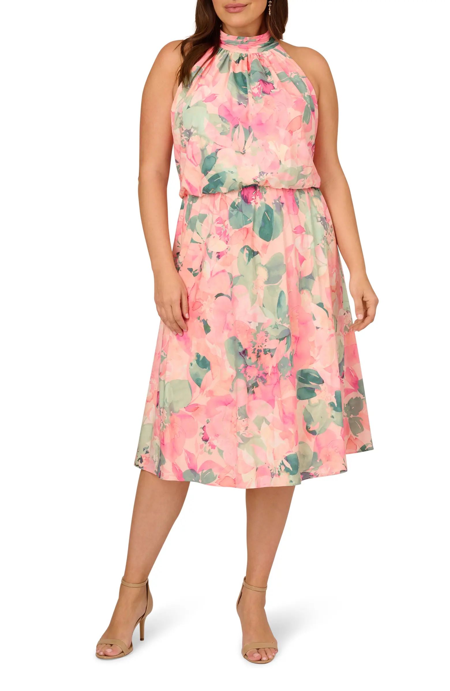 Adrianna Papell Floral Mock Neck Chiffon Cocktail Midi Dress | Nordstrom | Nordstrom