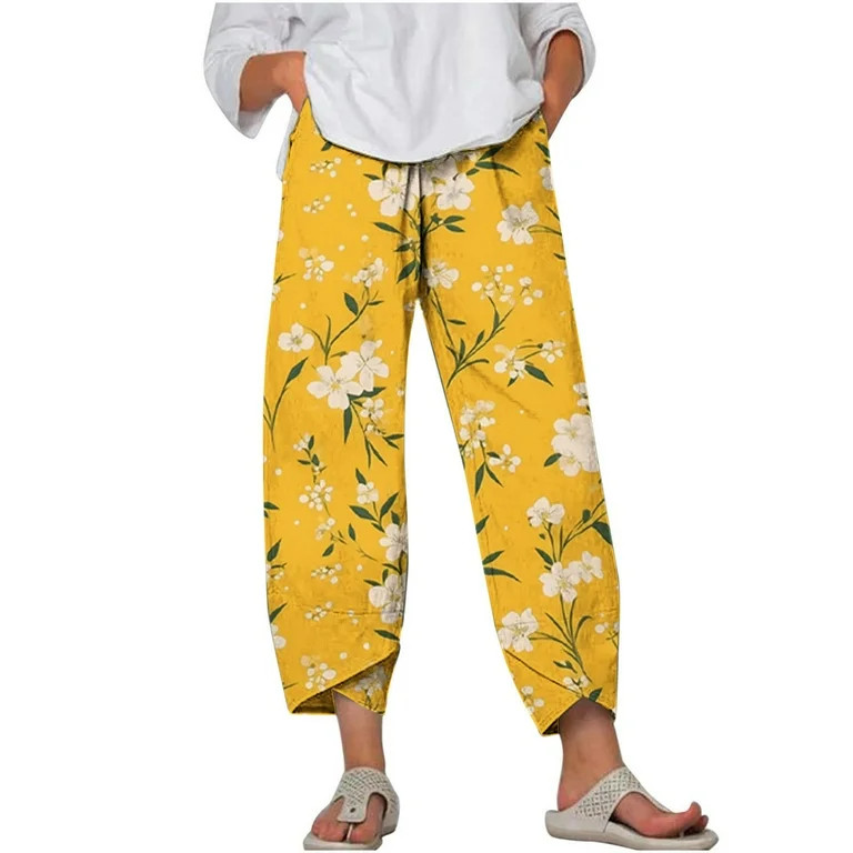 Women Plus Size Pants Casual Floral Print Harem Hem Capri Trousers with Pocket Elastic Waist Slim... | Walmart (US)