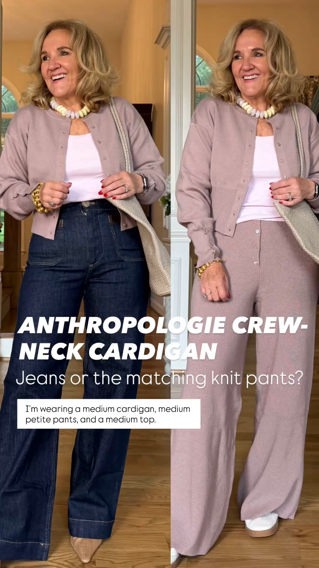 This Anthropologie crewneck cardigan is one of those pieces you’ll wear on repeat. Style it with classic dark-wash jeans for an elevated everyday look, or pair it with the matching knit pants for the coziest travel or weekend outfit. I’m wearing a medium cardigan, medium top, and medium petite pants.

💡 LTK MADE EASY
❤️ Heart = Support my posts!
🔖 Save = Get sale & restock alerts
📋 Lists = Keep favorites organized
📲 Share = Send lists and products to a friend. Hello, Christmas List!
💬 Comment = Ask me anything about what I’m wearing.:-)

#LTKootd #LTKSeasonal #LTKOver40