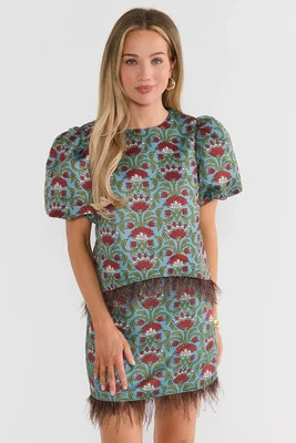 Blue Floral Printed Feather Trim Top | Avara