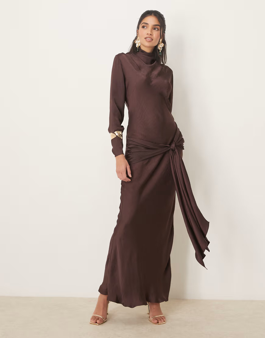 ASOS DESIGN long sleeve satin tie front maxi dress in chocolate-Multi | ASOS (Global)