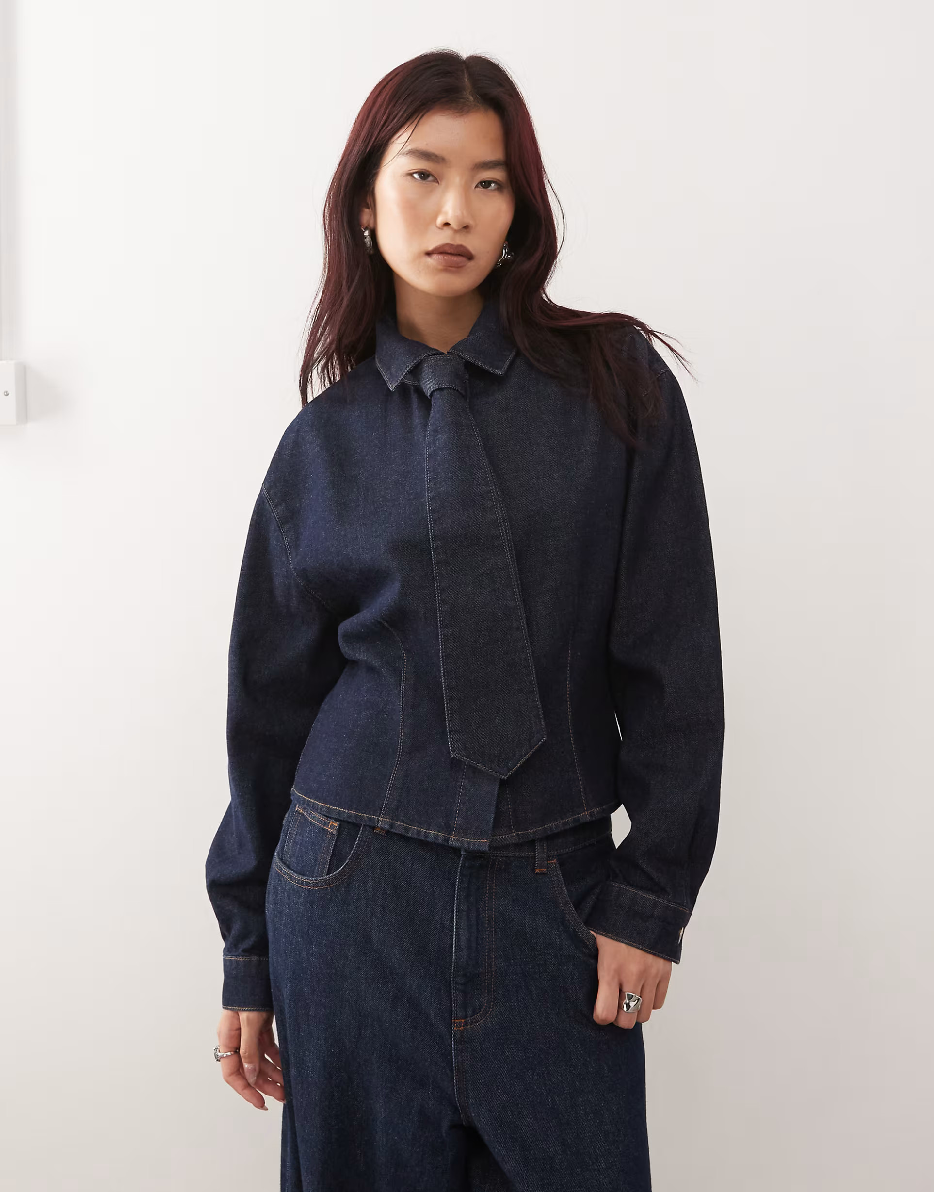 Reclaimed Vintage cinched waist denim shirt with matching neck tie in indigo | ASOS (Global)