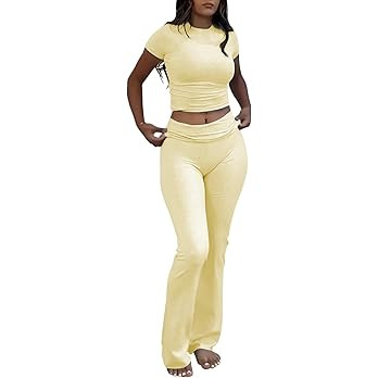 Women's 2 Piece Lounge Outfits Slim Short Sleeve Tops Low Rise Flare Leggings Sets Yoga Sweatsuit | Amazon (US)
