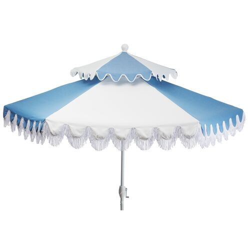 Ginny Two-Tier Two-Tone Fringe Patio Umbrella - Sunbrella - Blue | One Kings Lane