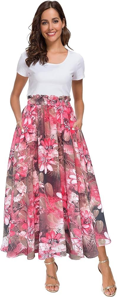 Afibi Women High Waist Floral Print Swing Chiffon Beach Midi Long Skirt with Pockets | Amazon (US)