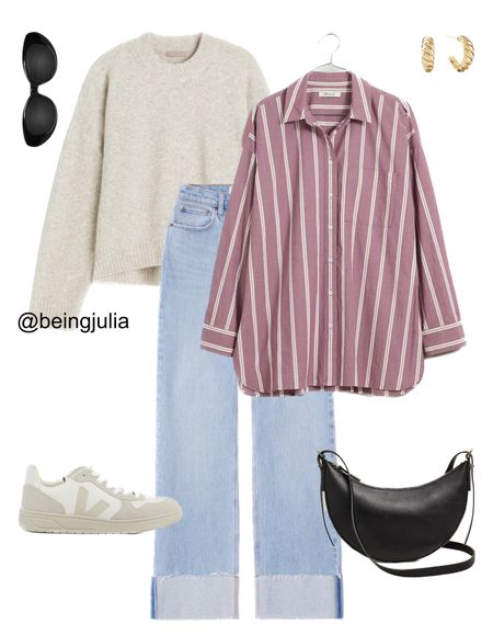 Fall outfit inspiration! Details below:

-Striped poplin oversized shirt from Madewell
-High rise 90s relaxed jeans in a light wash from Abercrombie 
-Light beige crew neck melange sweater from H&M 
-Veja V-10 B-mesh Pierre sneakers in natural 
-Celine Triomphe 52mm sunglasses in black acetate 
-Gold croissant dome hoop earrings from Mejuri 

I imagine this styled with the shirt loose over the jeans, and the sweater draped over your shoulders!

#LTKfindsunder100 #LTKSeasonal #LTKstyletip