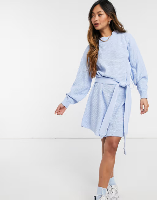 Glamorous long sleeve mini jumper dress with tie waist in blue | ASOS (Global)
