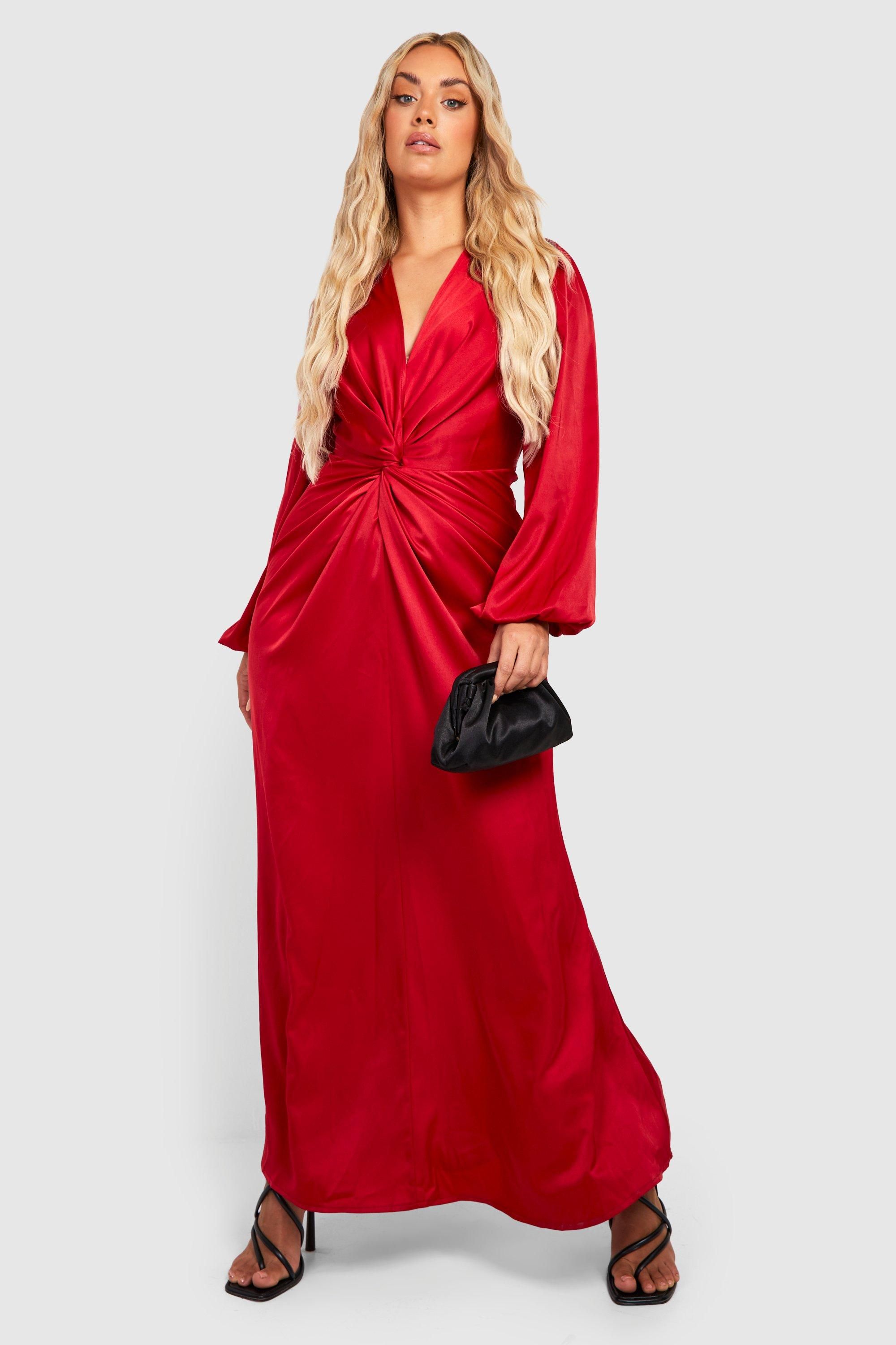 Plus Satin Twist Front Blouson Sleeve Maxi Dress | Boohoo.com (US & CA)