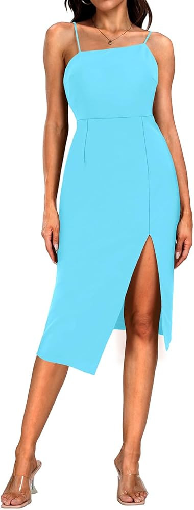 Holipick Women's Spaghetti Straps Split Hem Summer Formal Cocktail Wedding Guest Zipper Bodycon M... | Amazon (US)