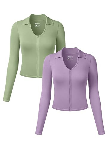 OQQ Womens 2 Piece Long Sleeve Shirts Zipper Fashion Sexy Basic Tops Fitted Tee Shirts Pea Green Taro Purple | Amazon (US)