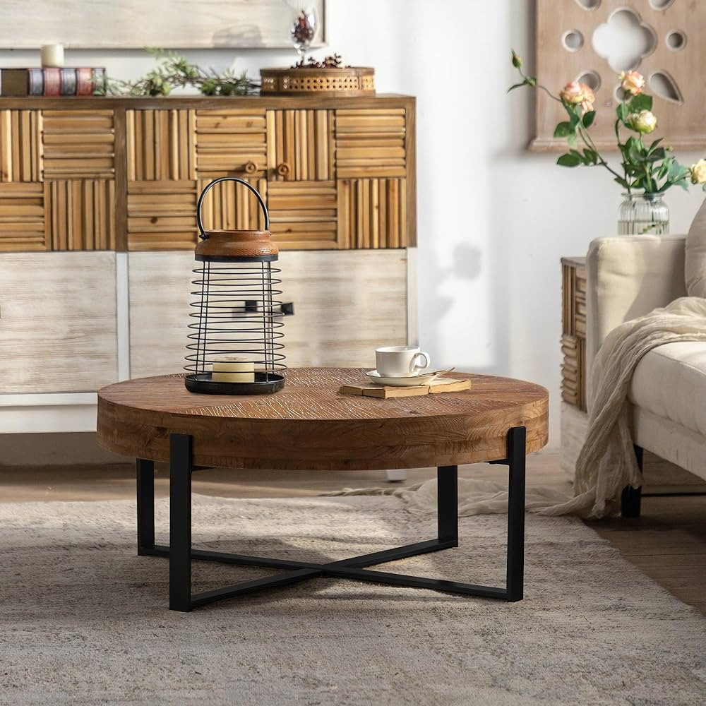 31.29" Modern Retro Splicing Round Coffee Table,Fir Wood Table Top with Black Cross Legs Base | Amazon (US)