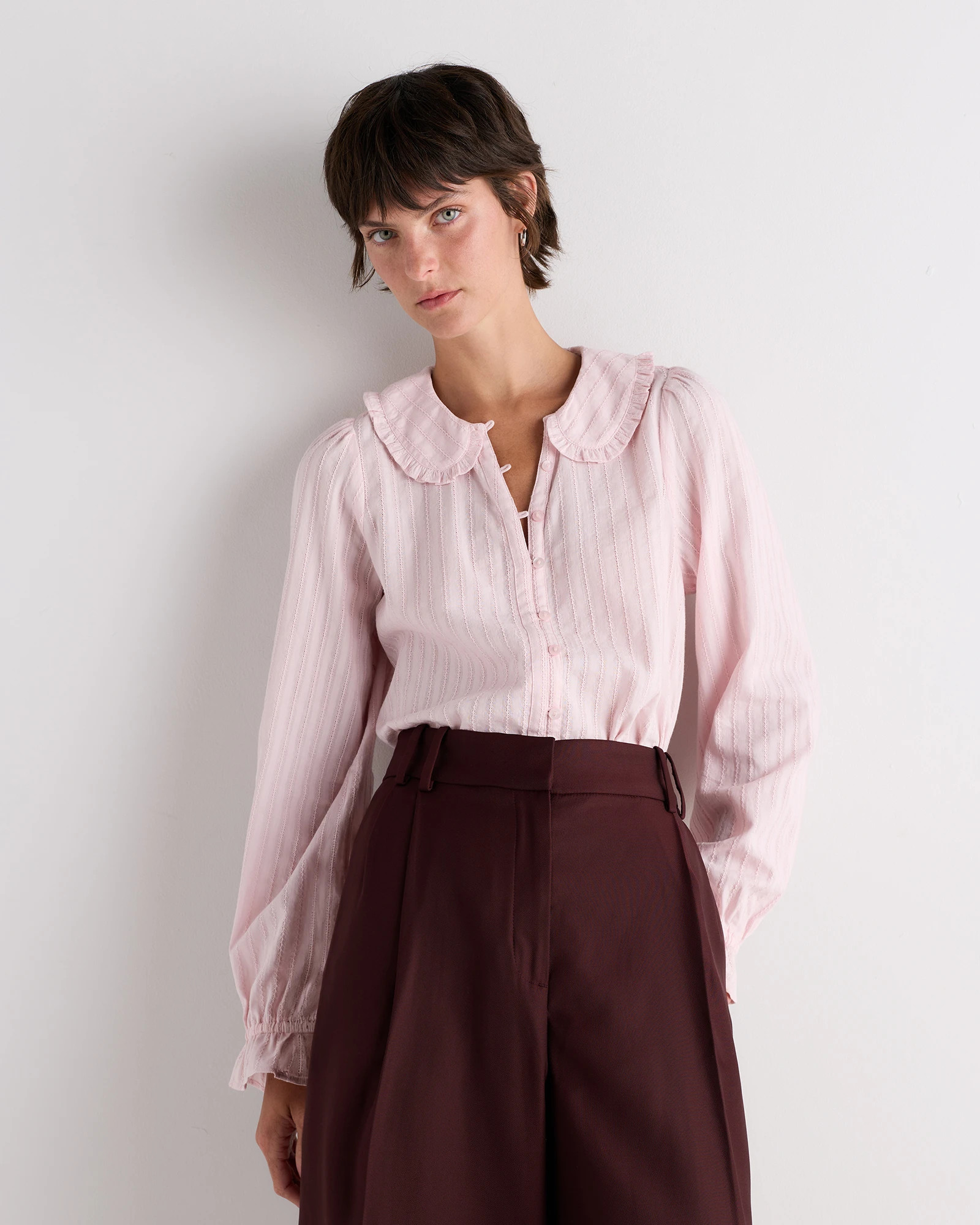 Quince | Women's Embroidered Cotton Ruffle Collar Long Sleeve Blouse in True Black, Size Medium, Organic Cotton | Quince