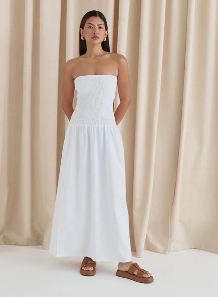 White Shirred Bandeau Maxi Dress- Davina | 4th & Reckless