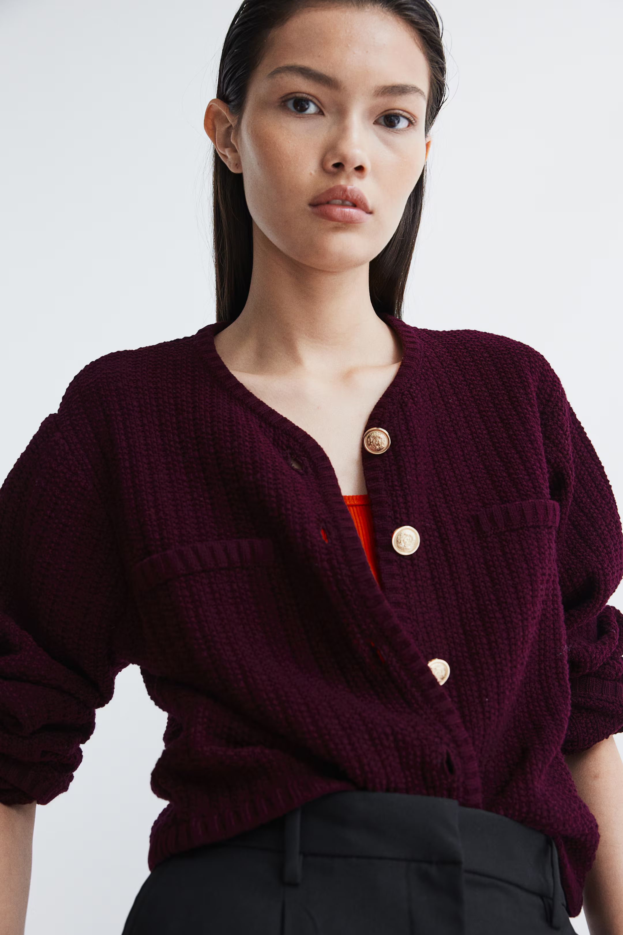 Short Textured-knit Cardigan - Round Neck - Long sleeve - Burgundy - Ladies | H&M CA | H&M (US + CA)