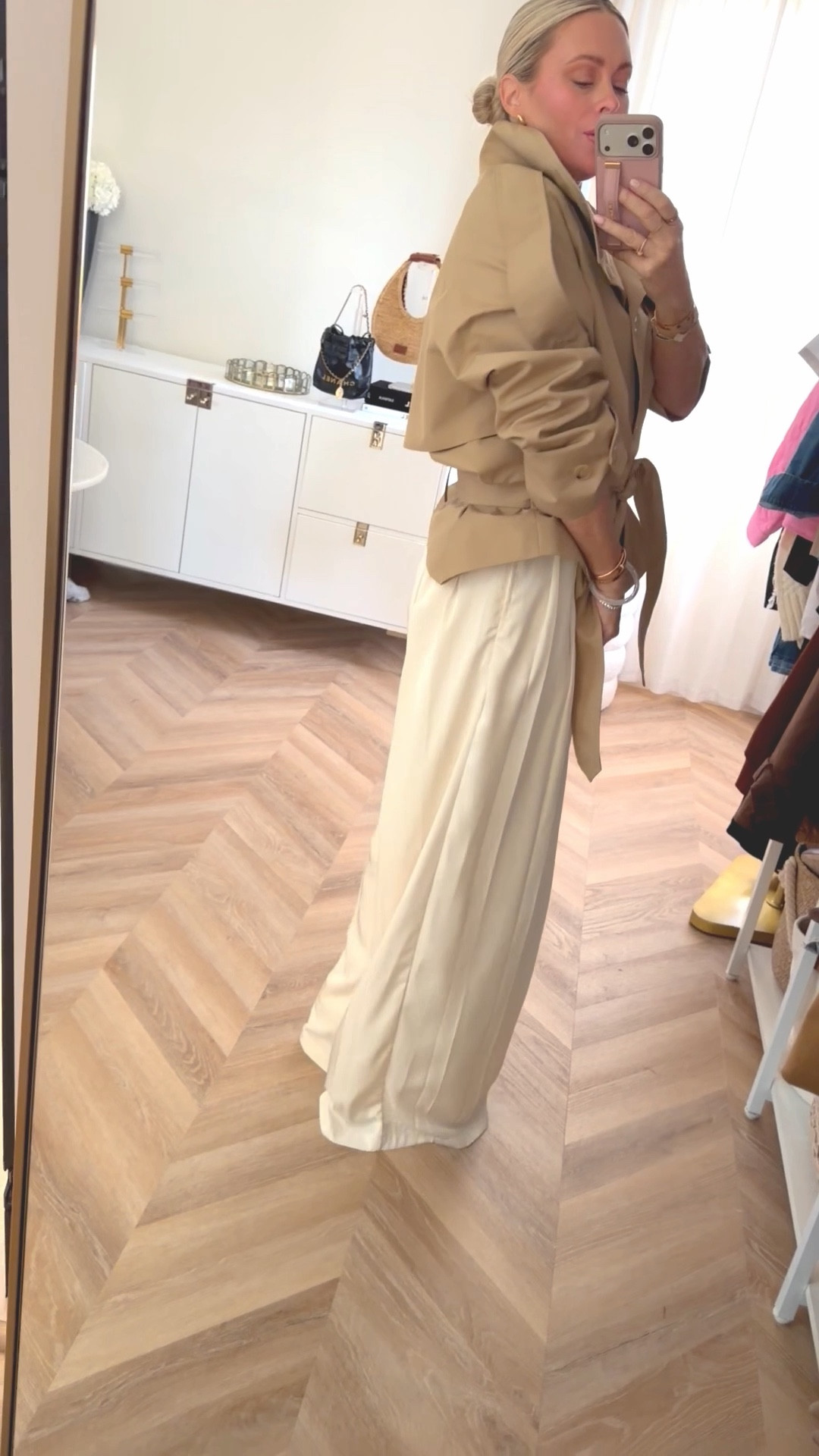 Obsessed with these pants🤍🔥. The silhouette of these pants is so flattering and they’re under $90. They come in 3 colors & are such a good elevated everyday piece. I’m wearing a medium in the pants & small in jacket.
Think showers, graduations, brunch, date night- so good! 🤍🤍🤍

Spring outfits. Denim wrap coat. High collar. White pants. Dressy. Easter. Graduation. Crop trench coat. 

#LTKgrwm #LTKSeasonal #LTKootd