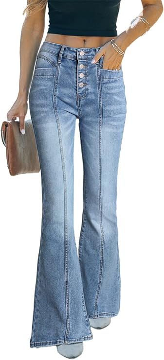 Sidefeel Women's Flare Bell Bottom Jeans Wide Leg Jeans Button High Waist Bootcut Pants with Pock... | Amazon (US)