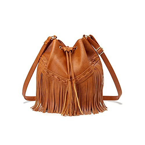 Leather Bucket Bags for Women Crossbody Fringe Purses with Drawstring Ladies Tassel Hobo and Shou... | Amazon (US)