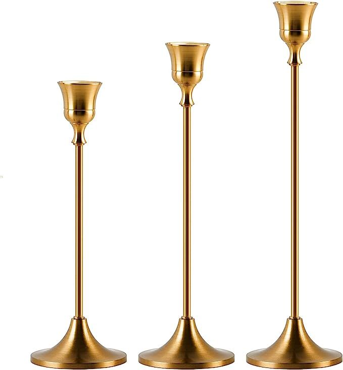 Amazon.com: Brass Gold Candlestick Holders - Set of 3 Taper Candle Holders Vintage Candlelight Di... | Amazon (US)