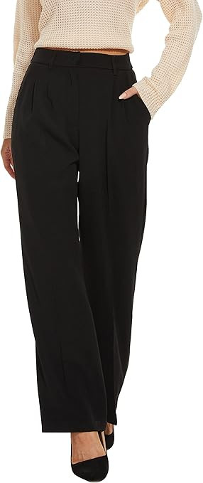 FUNYYZO Women's Wide Leg Pants High Elastic Waisted in The Back Business Work Trousers Long Strai... | Amazon (US)