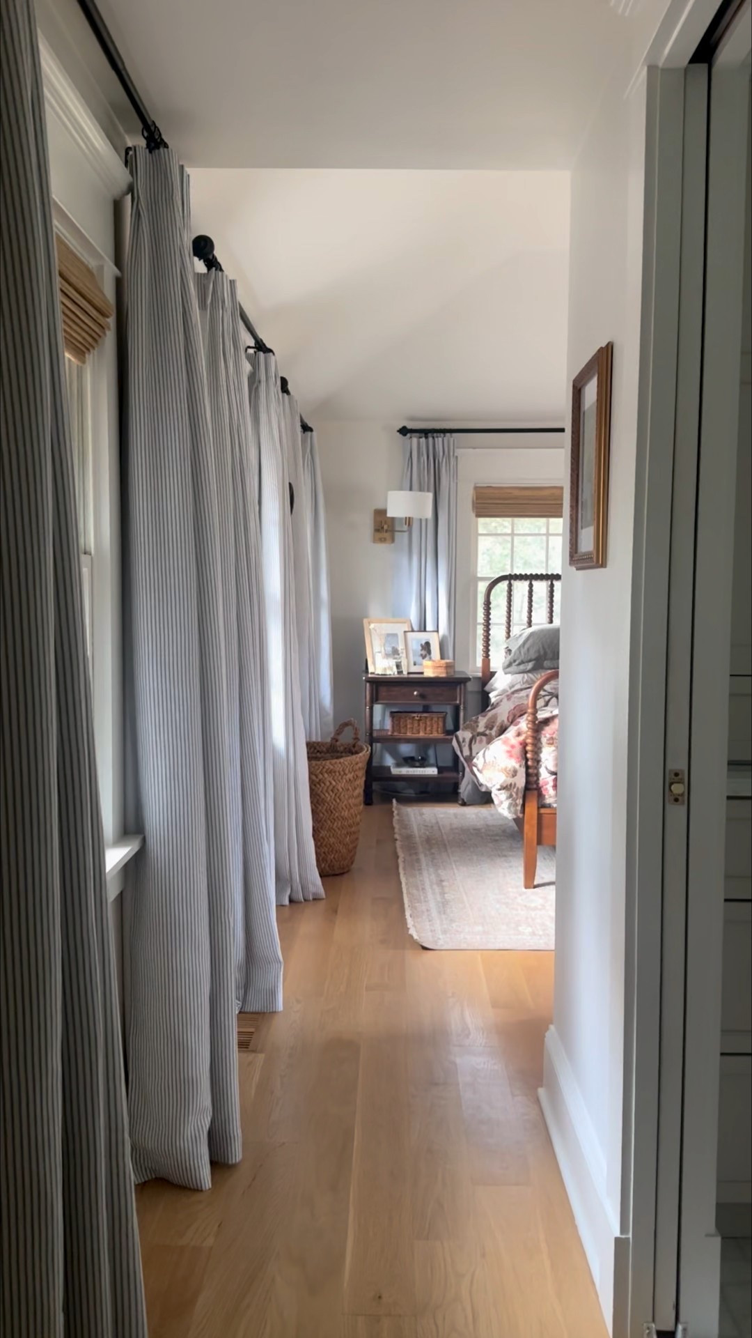 Can’t get enough of the primary bedroom curtains ✨ Hands down, the most perfect muted blue and refined stripe for simple, added texture. You can get them with an extra 5% off using code MEG5 