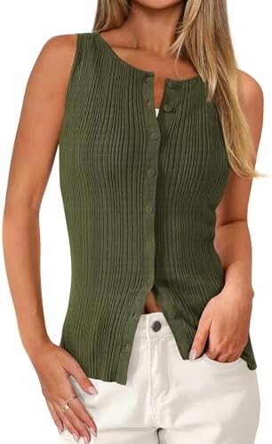 PRETTYGARDEN Ribbed Tank Tops for Women Summer 2026 Button Down Sleeveless Shirts Y2K Fashion Clo... | Amazon (US)