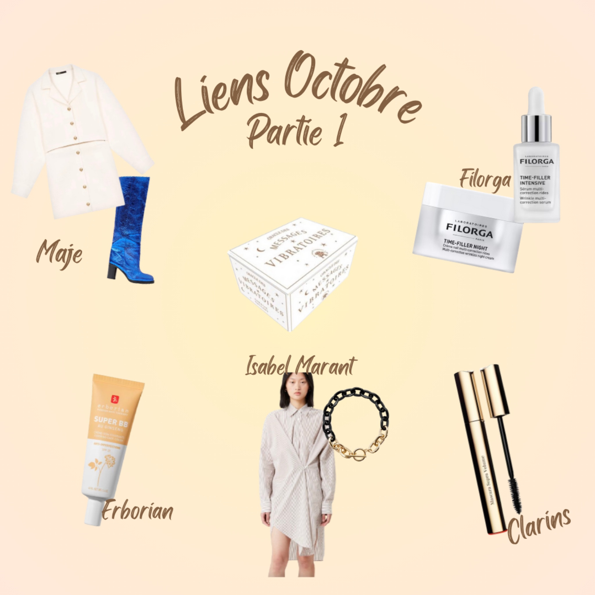 Ensemble tweed Maje, bottes cuissardes bleues électriques, crèmes visage, serum visage Filorga, bébé crème Erborian, robe étoile Isabel Marant, collier ras de cou Isabel Marant, mascara Clarins, cartes messages vibratoires 

#LTKeurope