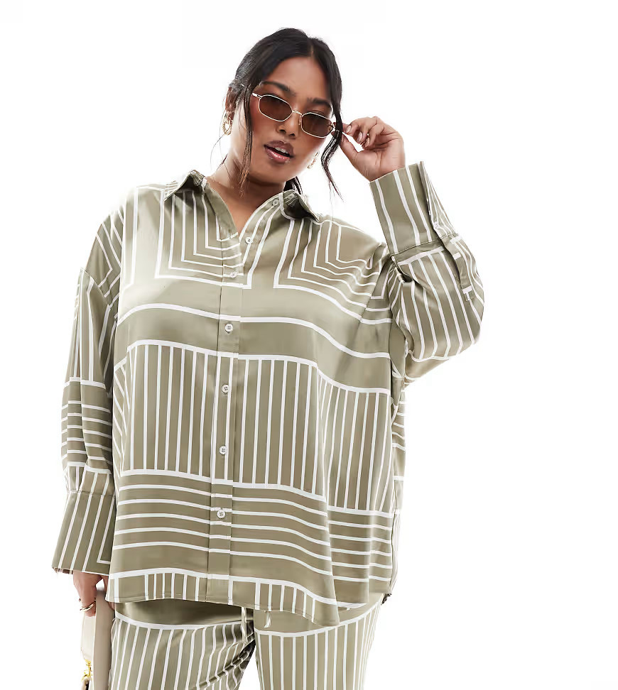 4th & Reckless Plus satin wide cuff button front shirt co-ord in sage tile print-Multi | ASOS (Global)