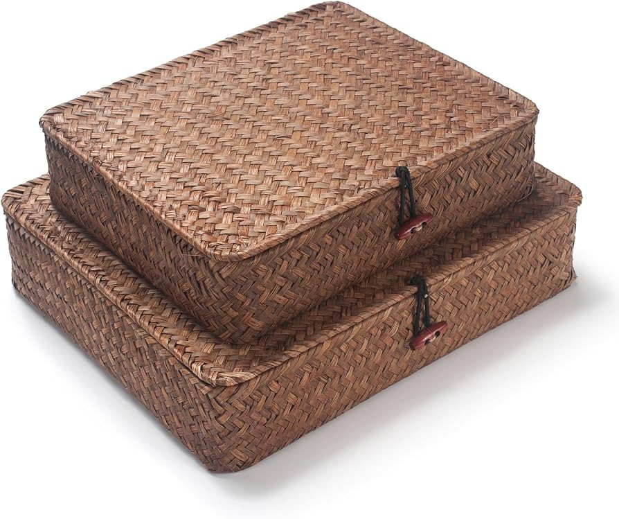 Seagrass Storage Basket Bins with Lid Rectangular Woven Shelf Baskets for Organize Snack Toys Set... | Amazon (US)