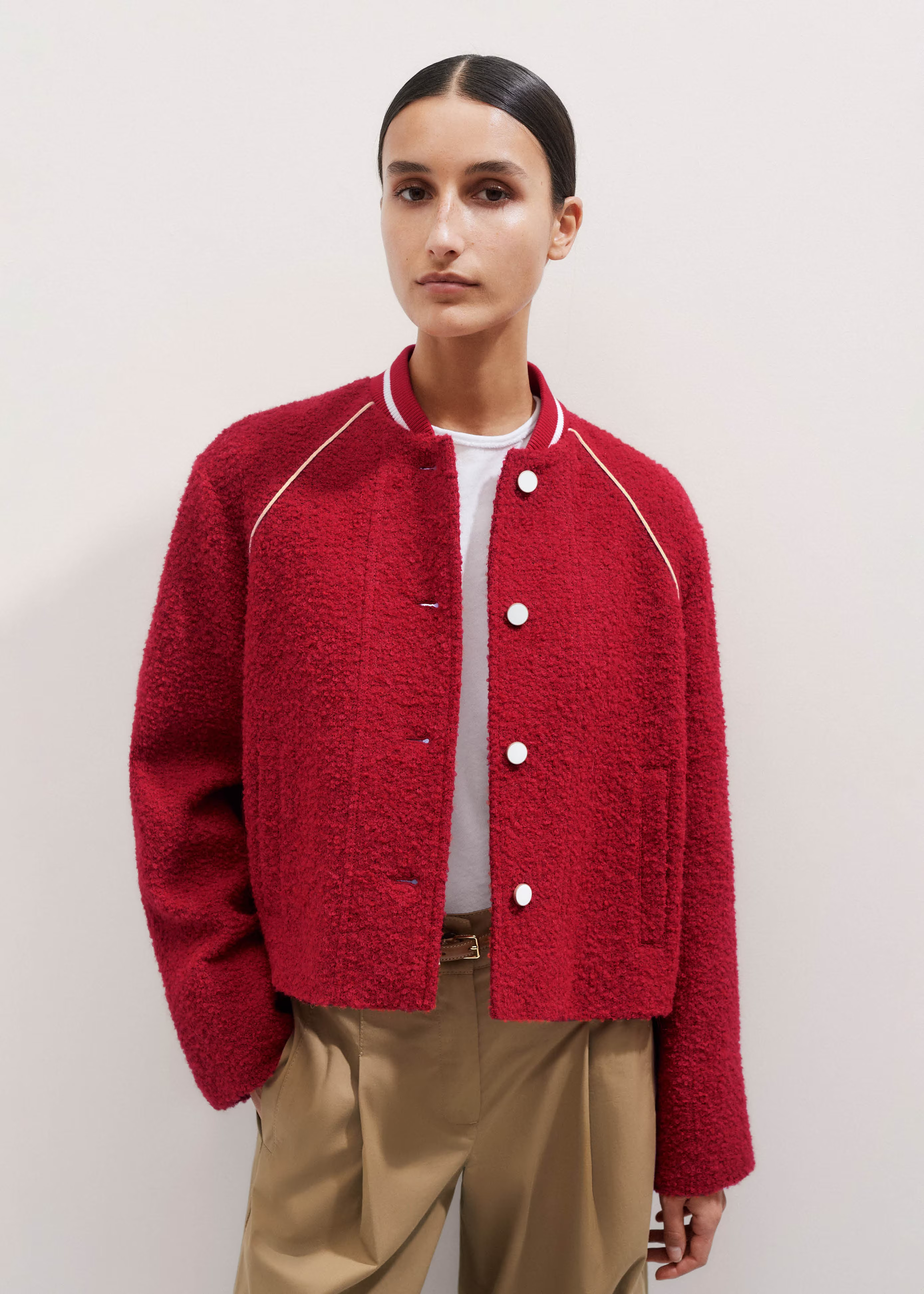 Women's Red Bouclé Varsity Swing Jacket | ME+EM | ME+EM Global (Excluding US)