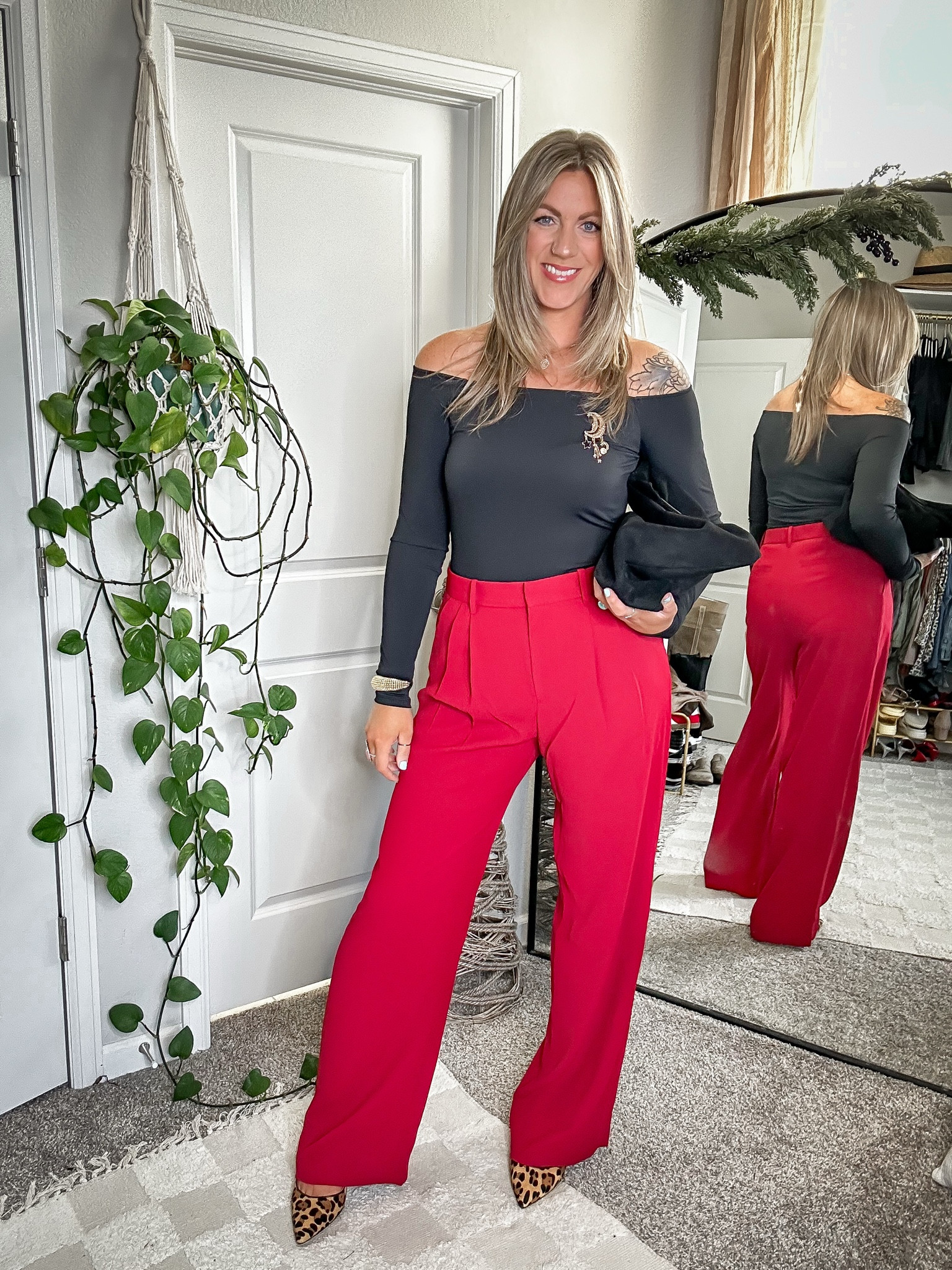 Work wear festive/holiday party outfit 

Top - medium tall
Red trousers - 10/30 long
Heels - 11 
Lip - “spiced pink”

#LTKParties #LTKWorkwear #LTKHoliday