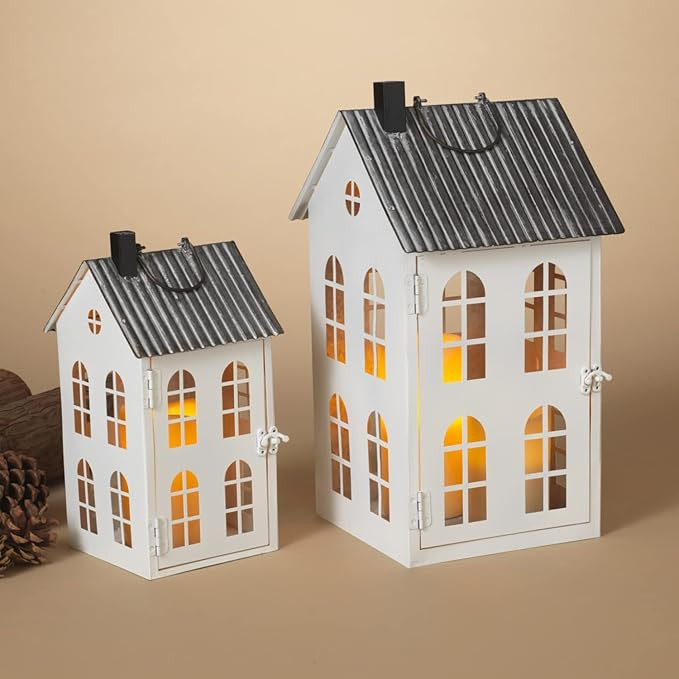 Orchid & Ivy 14-Inch Set of 2 Decorative White Metal House Candle Holder Lanterns with Corrugated... | Amazon (US)