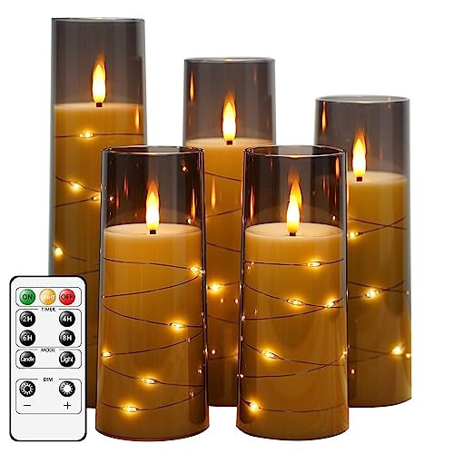 kakoya Flameless LED Candles with Timer 5 Pc Flickering Flameless Candles for Romantic Ambiance and Home Decoration Stable Acrylic Shell,with Embedded Star String，Battery Operated Candles（Grey） | Amazon (US)