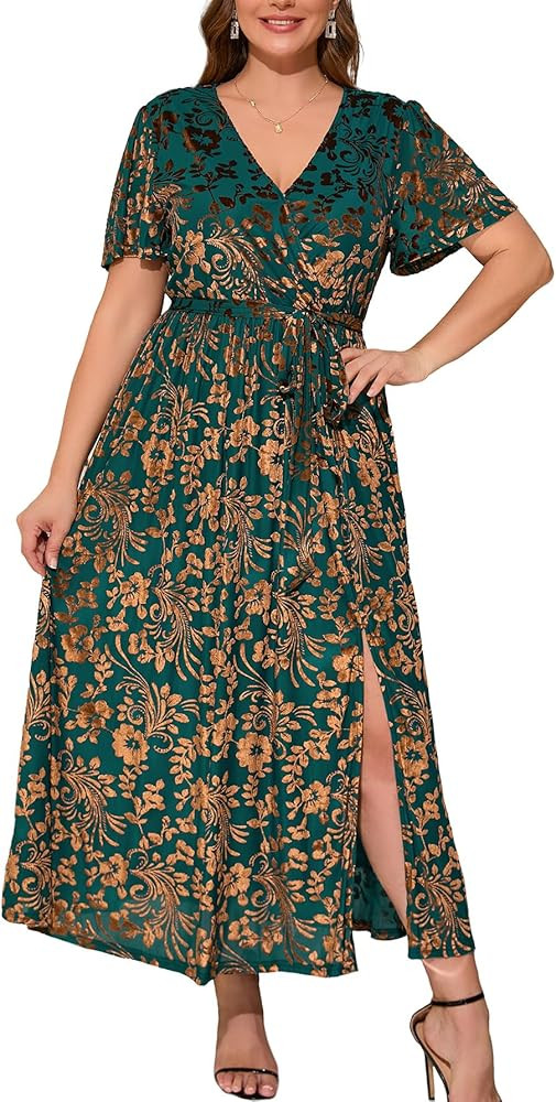 BerryGo Women's Velvet V Neck Wrap Semi Formal Dress Cocktail Party Maxi Dress for Wedding Guest | Amazon (US)