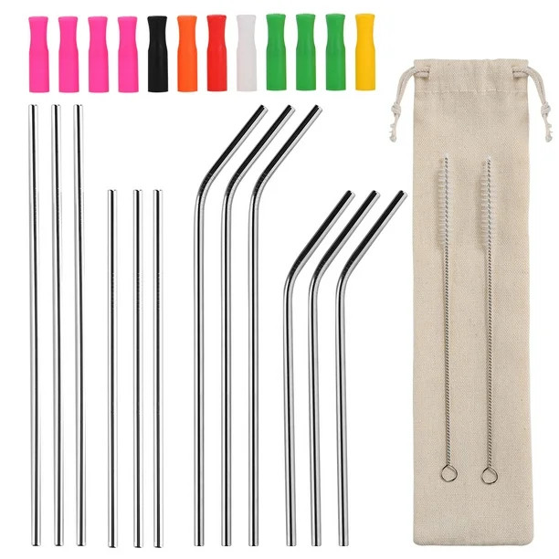 12 Pcs Stainless Steel Straws 10.4" & 8.5" Reusable Drinking Straws with 11 Silicone Tip & 2 Clea... | Walmart (US)