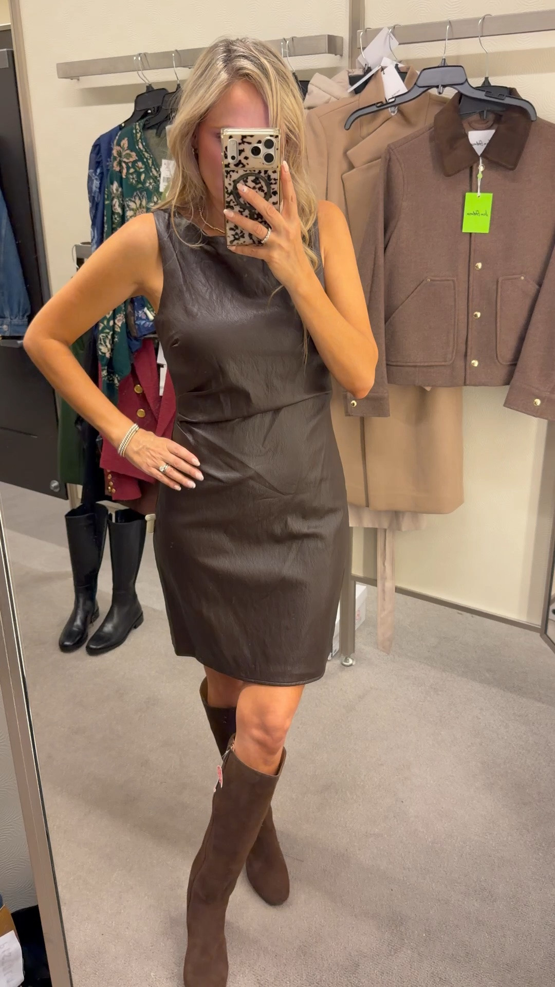 NSALE GORGEOUS chocolate, Brown Faux leather dress. Wearing a size 4. Fits true to size. Would be perfect workwear outfit and then pair a denim jacket that is a favor of mine with it for a more casual evening. Look for cocktails.

#LTKdayinmylife #LTKSaleAlert #LTKOver40