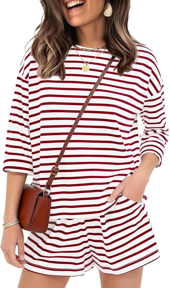 Flygo Striped 2 Piece Short Sets for Women Casual Cotton Long Sleeve Pullover Top Matching Pj Sho... | Amazon (US)