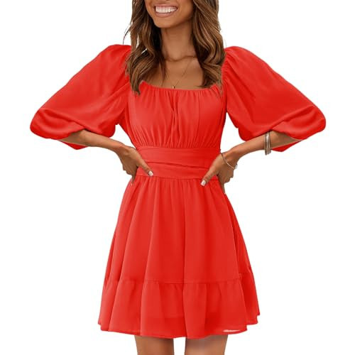 EXLURA Women's Casual Lantern Sleeve Tie Back Dress Ruffle Square Neck A-Line Fairy Fall Dresses Red | Amazon (US)