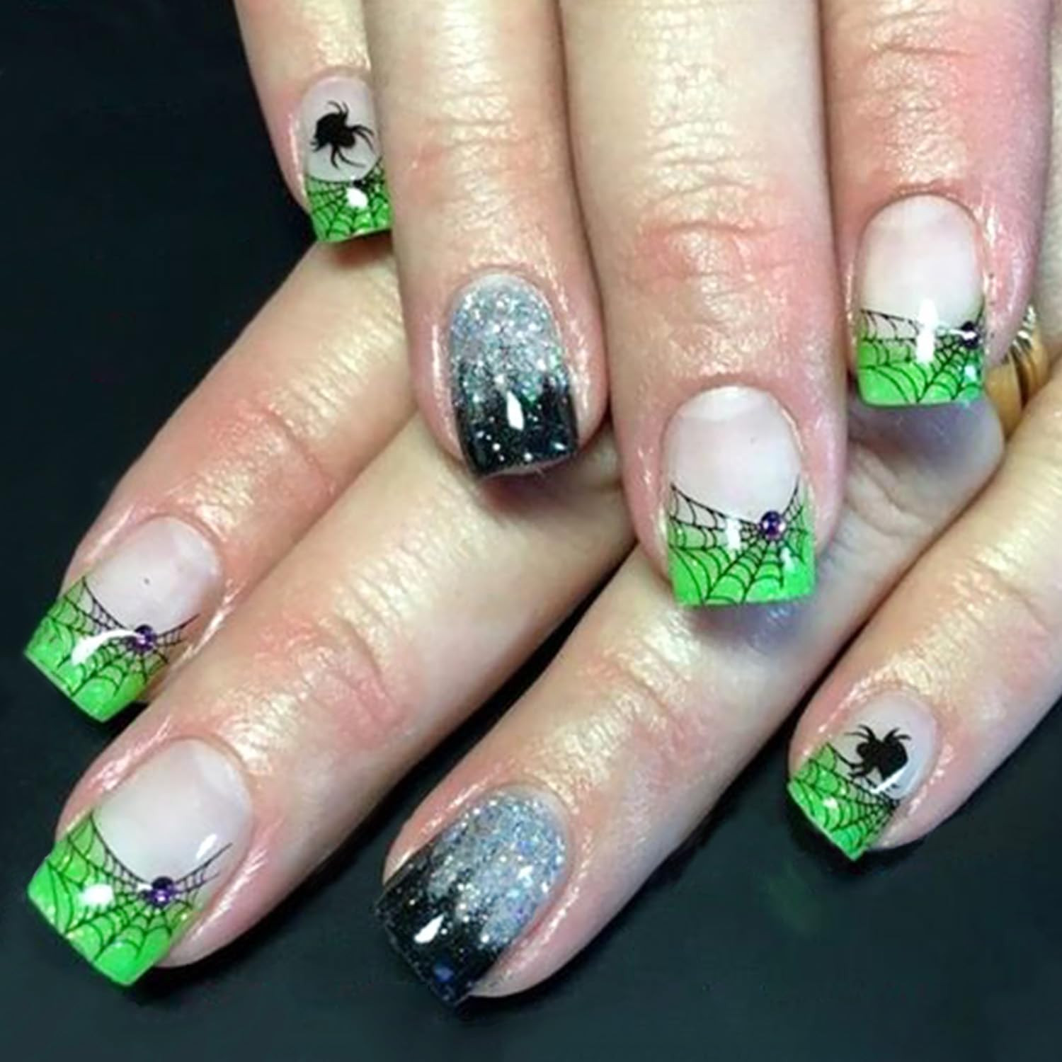 24Pcs Halloween Fake Nails Black French Tip Press on Nails Short Square False Nails Spider Web wi... | Amazon (US)