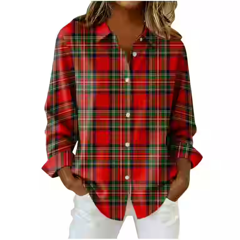 Womens Plaid Button Up Shirts Long Sleeve Lapel Collar Blouses Checkered Loose Casual Holiday Chr... | Walmart (US)
