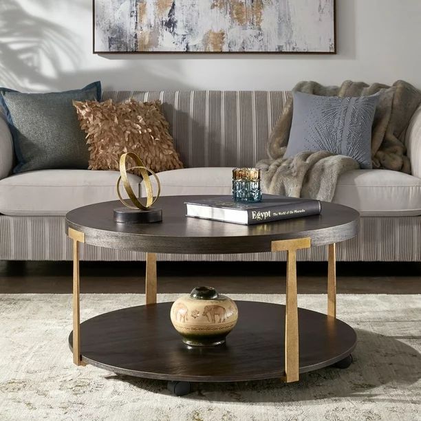 Weston Home Ario Wood and Metal T-Brace Round Coffee Table, Brown Finish | Walmart (US)