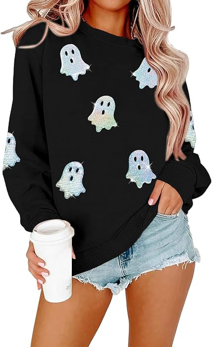 Halloween Sweatshirts Women Colorful Sequin Ghost Graphic Pullover Shirt | Amazon (US)