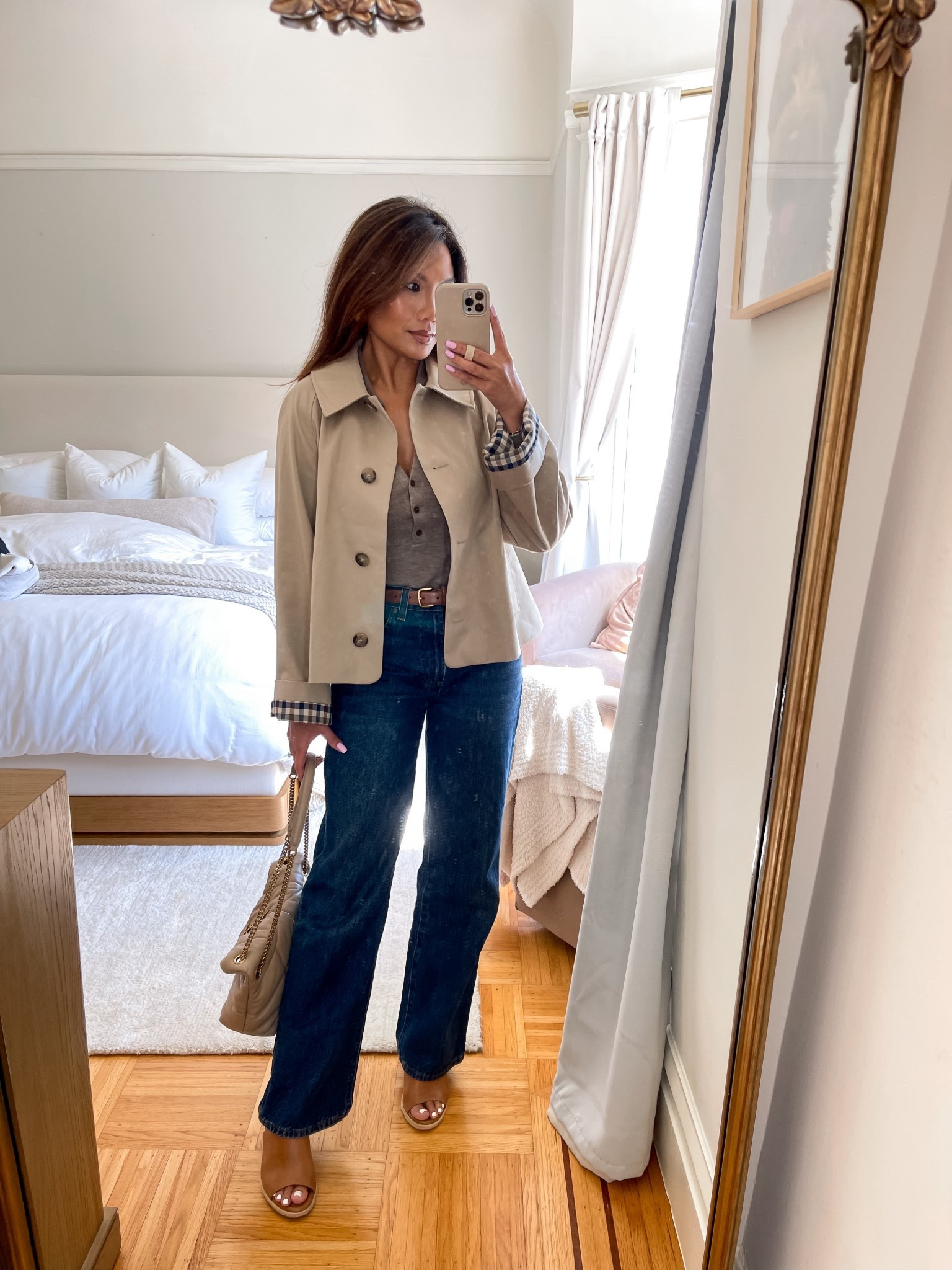 The cutest cropped trench!! 🥰 

Jacket - light beige, tts wearing 2
Top - tts, xs (color is sold out so linked a similar one from ref)
Belt - tts, xs
Jeans - tts, 25 in be dark about bleu
Wedges - old, linked similar 
Bag - small size in dark beige 

#LTKPetite #LTKFindsUnder100