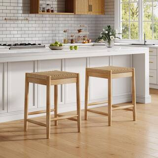 Ahern Boho 25.8 in. H Natural Finish Solid Wood Frame Counter Stools with Wicker Seat, (Set of 2) | The Home Depot